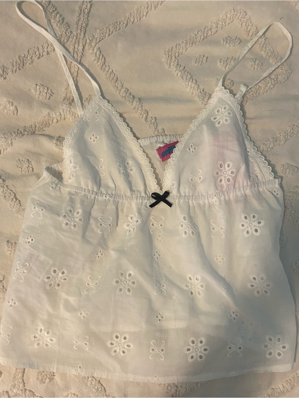 Edikted White Eyelet Lace Camisole with Black Bow